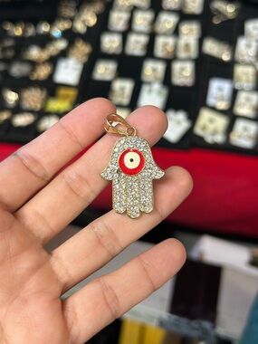 Pave Hamsa Hand Pendant with Red Eye Accent